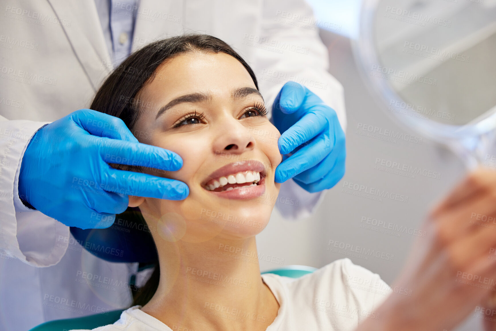 Buy stock photo Woman, dentist and smile with mirror for dental surgery in clinic for teeth whitening and treatment with doctor. Female patient, satisfied and happy on consultation for canal procedure and oral care 