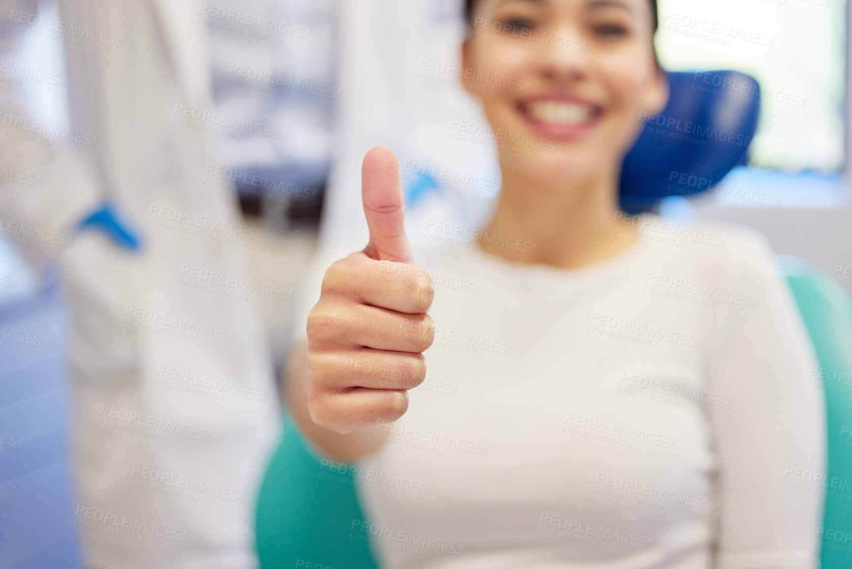 Buy stock photo Hand, patient and happy with thumbs up for dentist or teeth whitening, oral and dental care. Healthy, woman and like gesture for well done or good job, yes and thank you for consultation or person