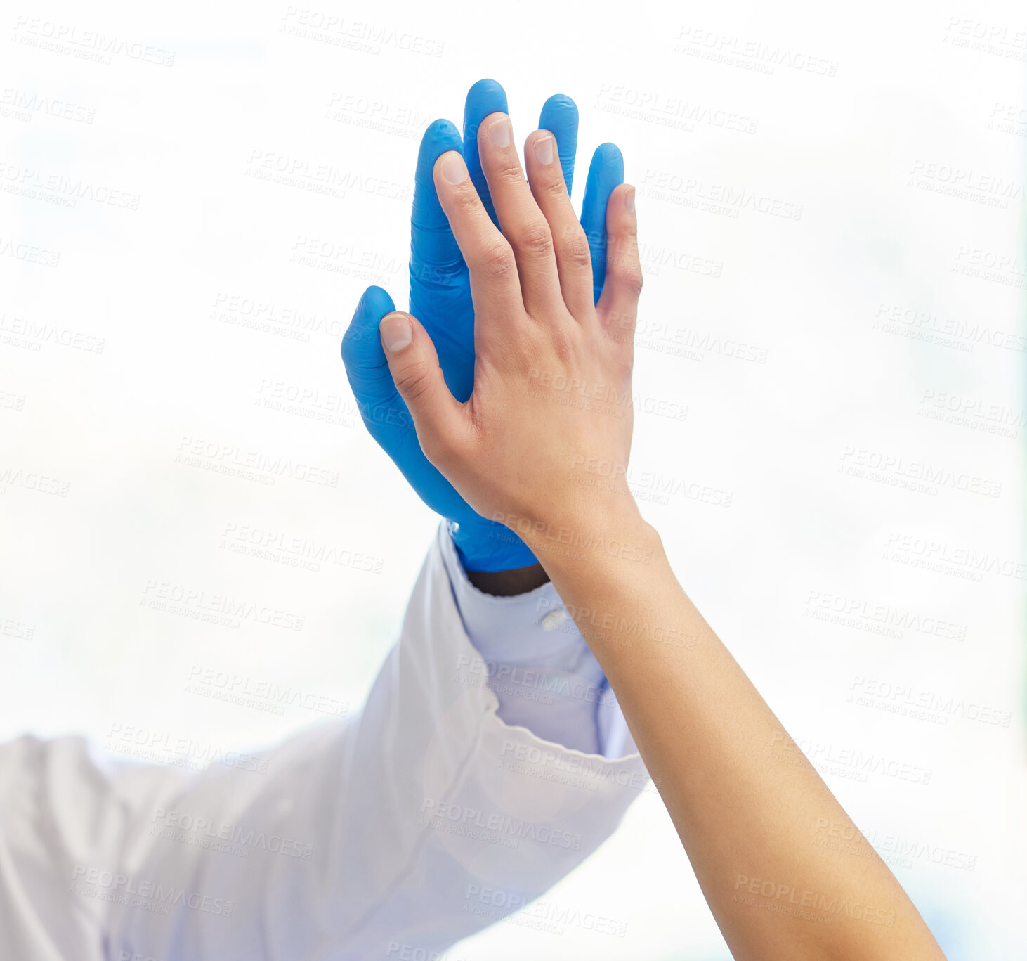 Buy stock photo Doctor, hands and high five with patient, healthcare and people with thank you, white background and dentist. Hospital, dental professional and medical for employees, celebration and gloves in studio