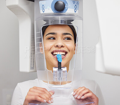 Buy stock photo Female person, mouth or x ray machine at dentist appointment with calm smile for cavity, portrait in exam with oral care. Woman, happiness or dental process with tools for health insurance in office