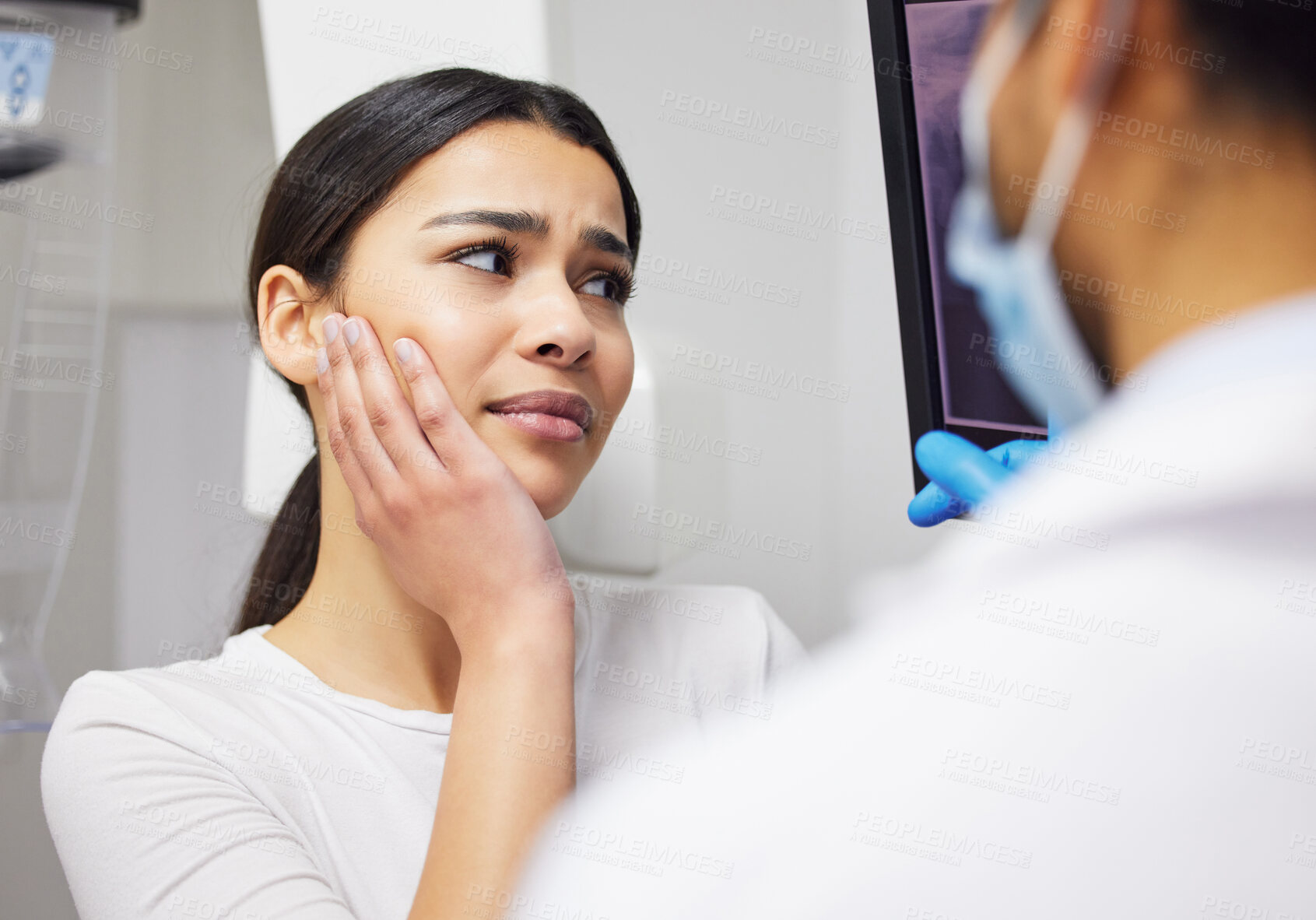 Buy stock photo Toothache, dentist and woman in pain, clinic and consultation for dental health of patient in office.  Appointment, person and listening to diagnosis of doctor, cavity and medical help for mouth