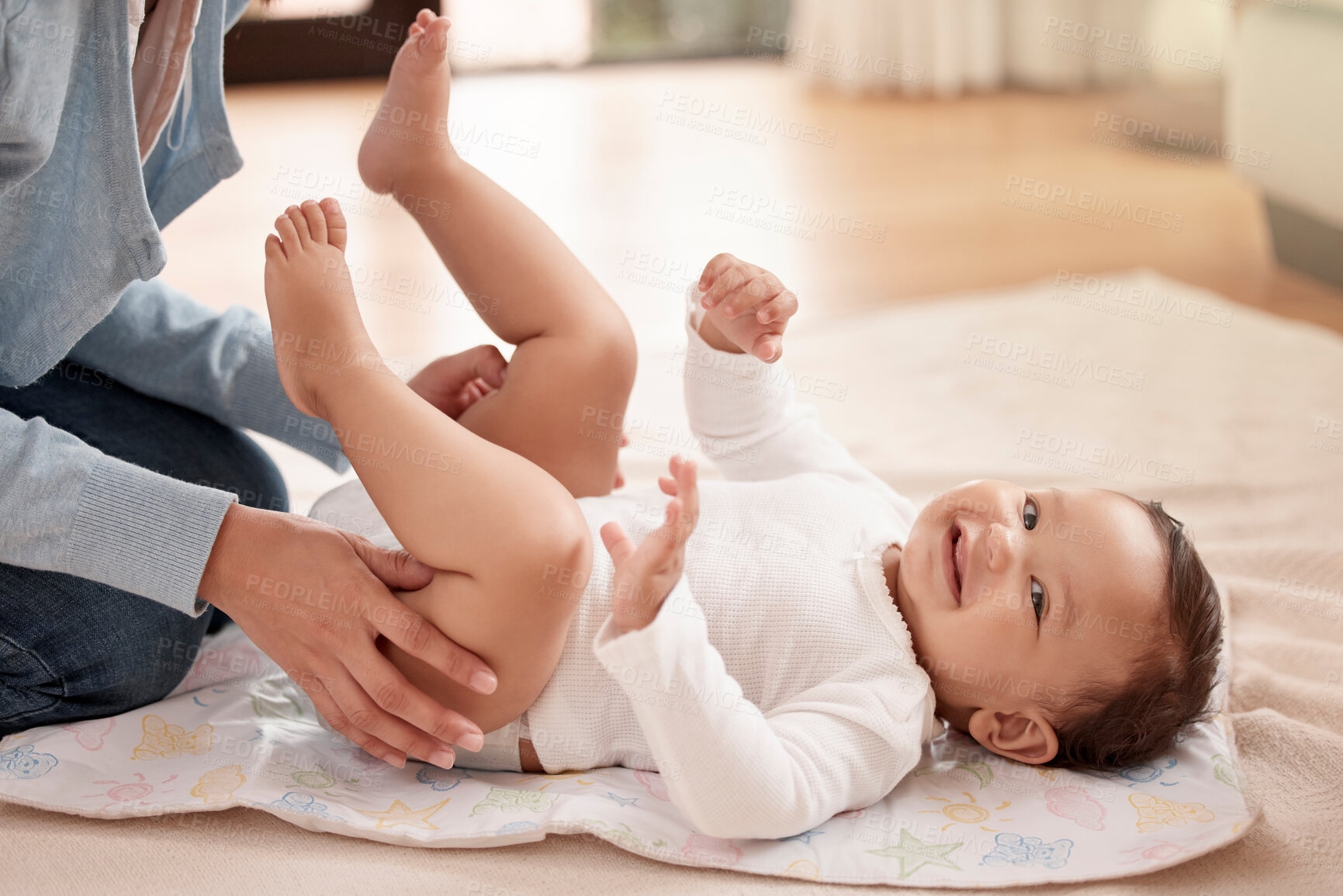 Buy stock photo Mom, baby and happy with changing diaper in home for care, support and child development. People, parent and toddler or infant with smile on portrait for fun, bonding and trust with excitement