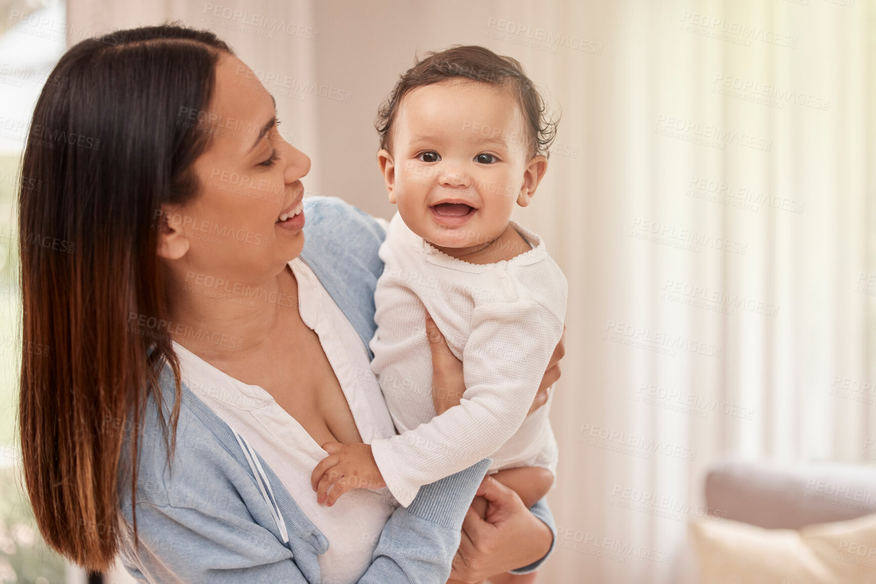 Buy stock photo Mom, baby and smile with bonding at home for care, support and child development or growth. People, parent and happy with toddler or infant for fun, security and trust with comfort for motherhood