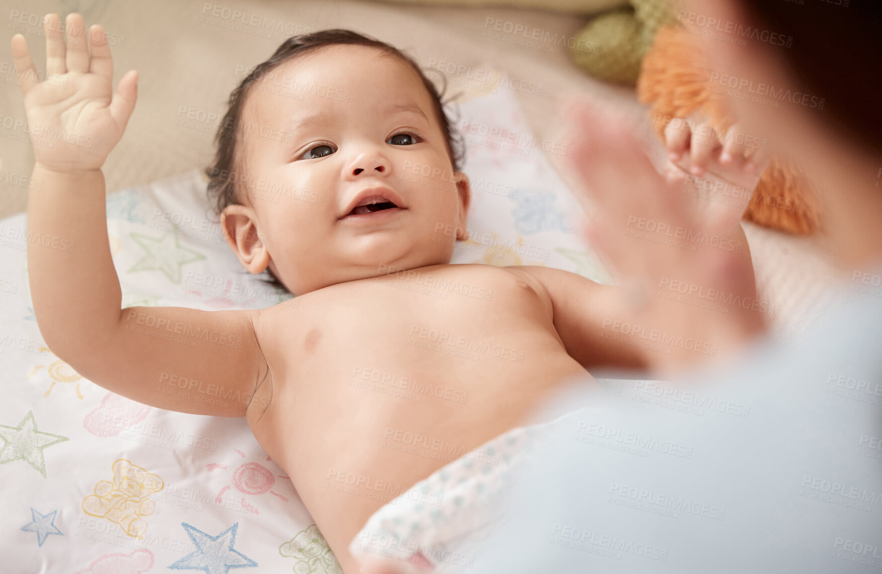 Buy stock photo Happy infant, girl and mother in nursery for diaper change, care and playing in home for development. Cheerful, baby and woman for bonding, motor skills and nurture with health, hygiene and comfort