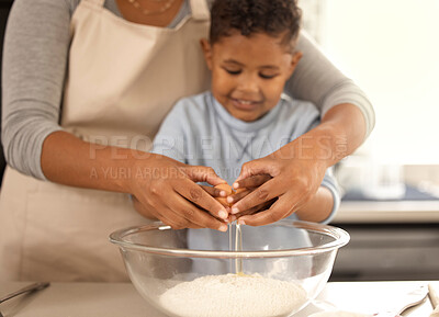 Buy stock photo Parent, kid and hands with egg for baking, education and teaching boy to help with dough. Child, cooking and crack shell with flour bowl for dessert recipe, pastry and food with ingredients in home