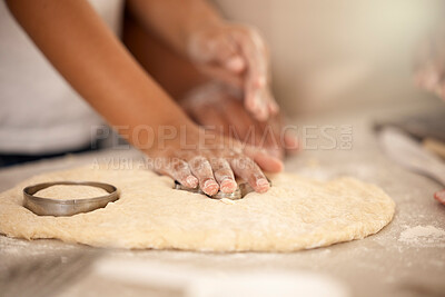 Buy stock photo Hands, dough and cookie cutter in kitchen for baking, together and dessert for nutrition. Food, chef and flour or cooking for party or birthday and wellness in home with recipe, sweets and snack