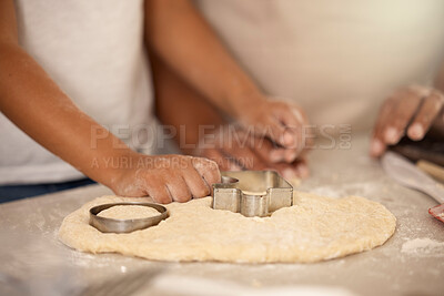 Buy stock photo Hands, flour and cookie cutter in kitchen for baking, together and dessert for nutrition. Food, chef and friends for cooking and party or birthday with wellness and recipe in home for sweets or snack