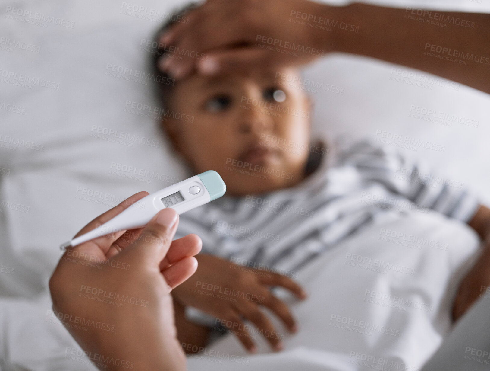 Buy stock photo Parent, child and forehead check with thermometer for fever in bedroom, wellness assessment for Covid or flu. Black person, kid or sick in home with care for allergy, inspection with tools for virus