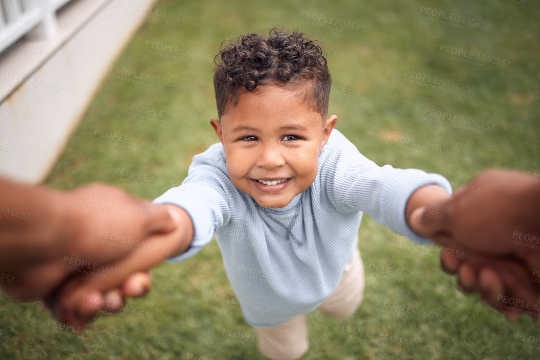 Buy stock photo Portrait, kid smile and spinning pov outdoor, having fun and bonding with parent. Face, father and child swinging, happy and playing game with dad, care and enjoying quality time together in backyard