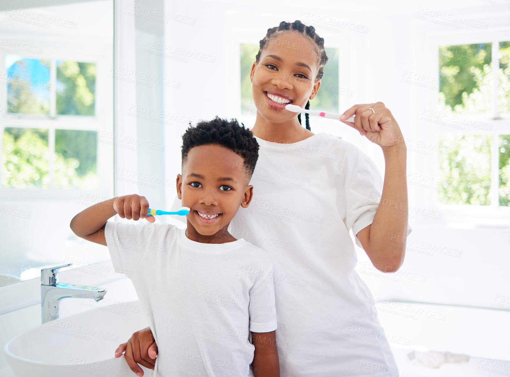 Buy stock photo Happy, portrait and mom or boy with toothbrush for dental health, daily routine and gum wellness. Black family, brushing and teeth in bathroom or home for oral hygiene care, cavity and fresh breath.