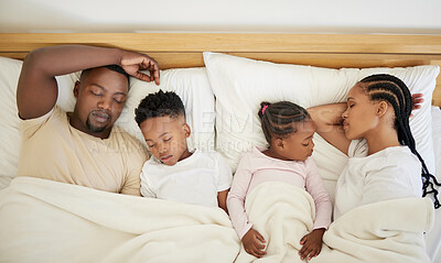 Buy stock photo African family, top view and sleeping parents with kids for relax, peace or calm in home. Above, mother and father with children in bedroom for rest, comfort or dream of health with siblings together