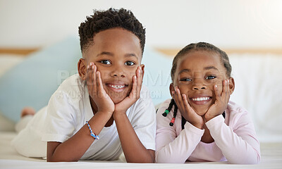 Buy stock photo Smile, portrait and black children relax in bedroom for school holiday with bonding together in home. Happy, siblings and African kids resting on bed for weekend family time with fun at house.