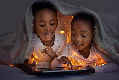 Buy stock photo Boy, girl and bedroom with tablet at night for streaming, together with led light for web game. Black siblings, bonding and ebook with internet in home for video, online app for learning with digital