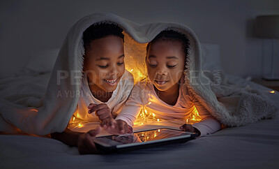 Buy stock photo Boy, girl and house with tablet at night for streaming, together with led light for web game. Black siblings, bonding or ebook with internet in bedroom for video, online app for learning with digital