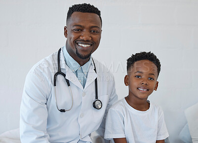 Buy stock photo Portrait, doctor and kid in hospital for consultation, healthcare and wellness or support. Pediatrician, boy child and happy for results in clinic with man, patient and stethoscope for medical exam