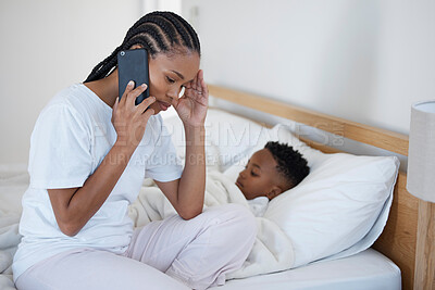 Buy stock photo Black mom, boy and sick in  phone call on bed for medical care, service and book appointment with doctor. People, parent and kid at home with worry or stress for illness, flu and infection or virus