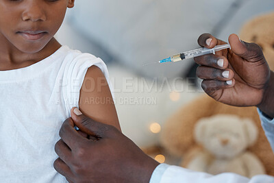 Buy stock photo Hands, doctor and kid in clinic with injection for vaccines, cure and prevention for illness. People, patient and pediatrician with needle syringe for medical care or treatment to support and help