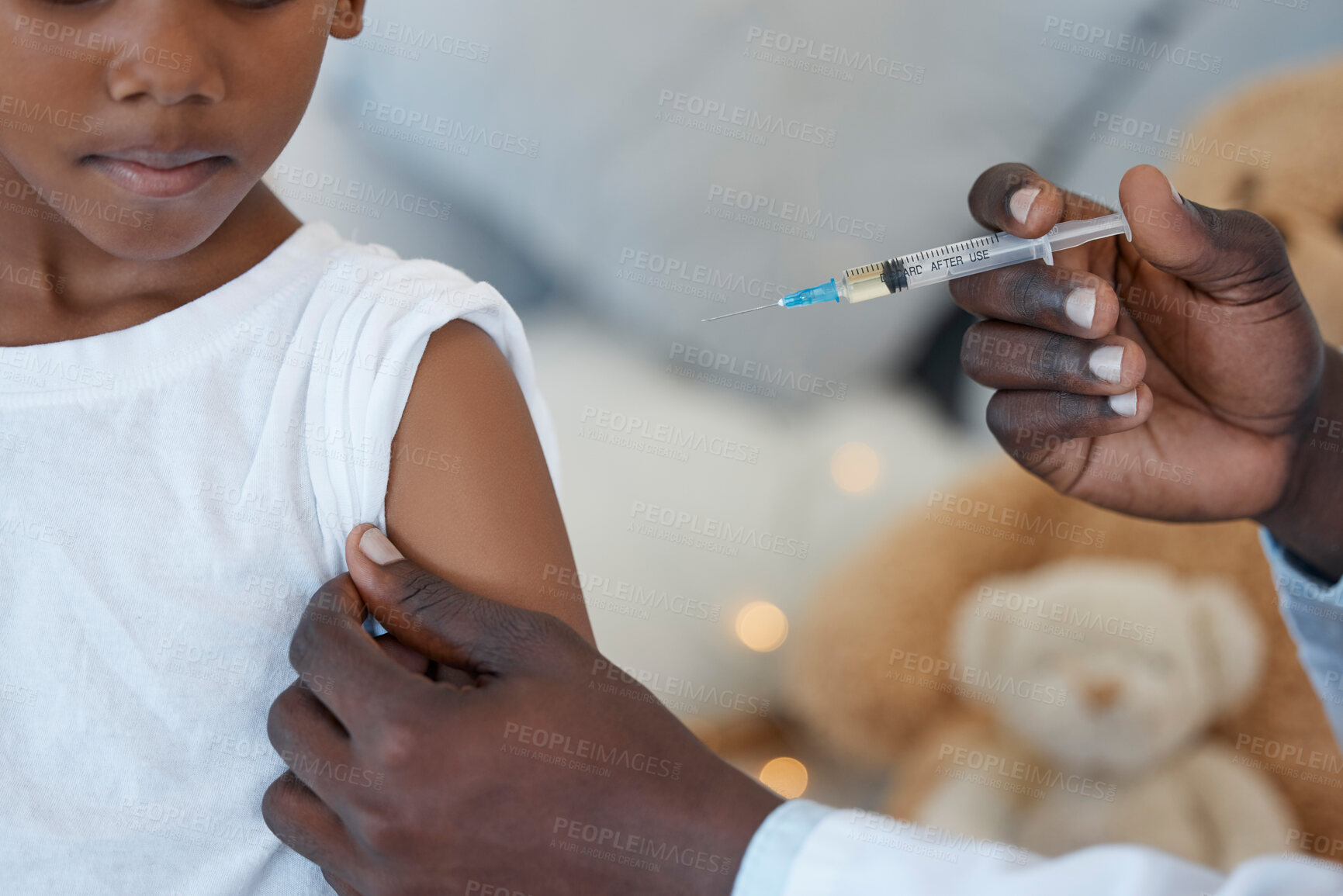 Buy stock photo Hands, doctor and kid in clinic with injection for vaccines, cure and prevention for illness. People, patient and pediatrician with needle syringe for medical care or treatment to support and help