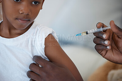 Buy stock photo Hands, doctor and child in clinic with injection for vaccines, cure and prevention for illness. People, patient and pediatrician with needle syringe for medical care or treatment to support and help