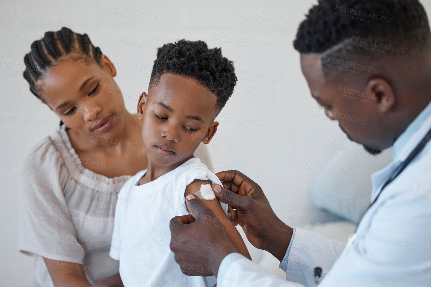 Buy stock photo Sick, black boy and healthcare in clinic with mom and plaster for child by doctor, injection and treatment. Hospital, medical and checkup with vaccine for flu, healthy and wellness of kid with mother