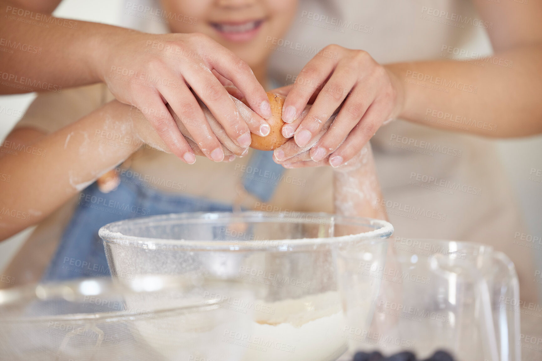 Buy stock photo Hands, mother and child crack egg in kitchen for baking breakfast meal, bonding and learning culinary skills together. Woman, girl and food ingredients, love and bowl for nutrition cooking at house