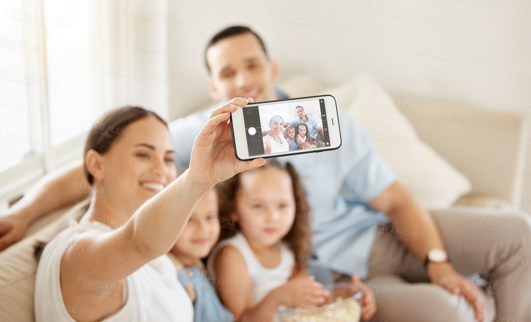 Buy stock photo Cellphone, family and portrait in home with selfie, care and social media in living room. Photography, woman or father person with girl siblings, lounge and hand for mother or relax for memories app