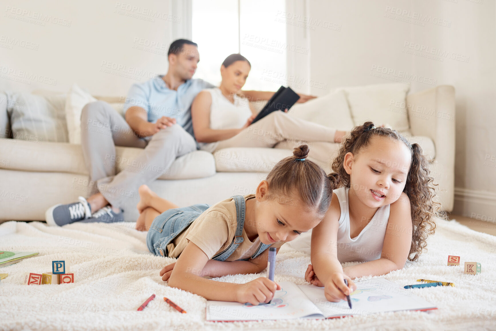 Buy stock photo Girls, happy and drawing on floor in house with color pencil in book for development as sisters. Children, writing and learning in home with crayon or paper for kindergarten, homework or education