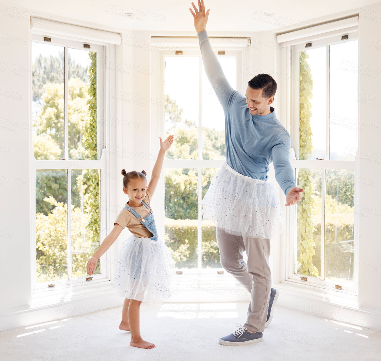 Buy stock photo Dance, dad and girl in home for play, ballet practice and entertainment in sun room. Man, daughter and fun in lounge for support, development or learning for talent show with love, happiness or trust