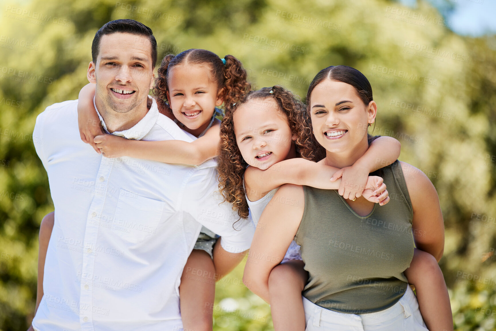 Buy stock photo Family, portrait and kids with piggyback in park for outdoor adventure, support and vacation. Happy, woman and man with daughter in nature for summer holiday, break and weekend trip in Costa Rica