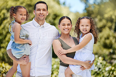 Buy stock photo Family, portrait and kids with smile in park for outdoor adventure, support and vacation together. Happy, woman and man with daughter in nature for summer holiday, break or weekend trip in Costa Rica