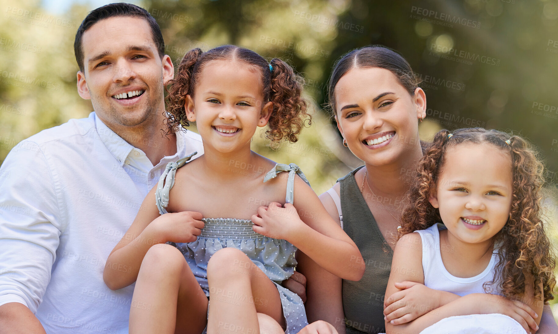 Buy stock photo Family, portrait and relax with kids in park for summer adventure, support and vacation. Man, woman and happy with daughter in nature for outdoor trip, break and weekend holiday in Costa Rica