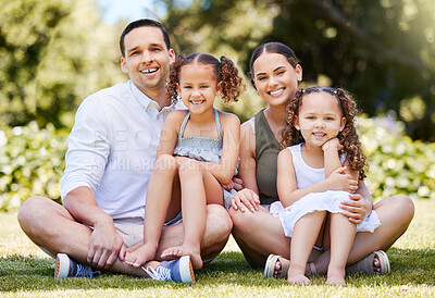 Buy stock photo Portrait, family and relax with children on grass for outdoor adventure, holiday or support. Happy, woman and man with daughter in nature park for summer vacation, trip or weekend break in Costa Rica