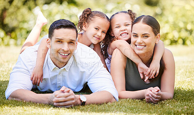 Buy stock photo Parents, portrait and children with piggyback in park for weekend adventure, love and vacation together. Family, man and woman with kids in nature for outdoor holiday, break and summer in Costa Rica