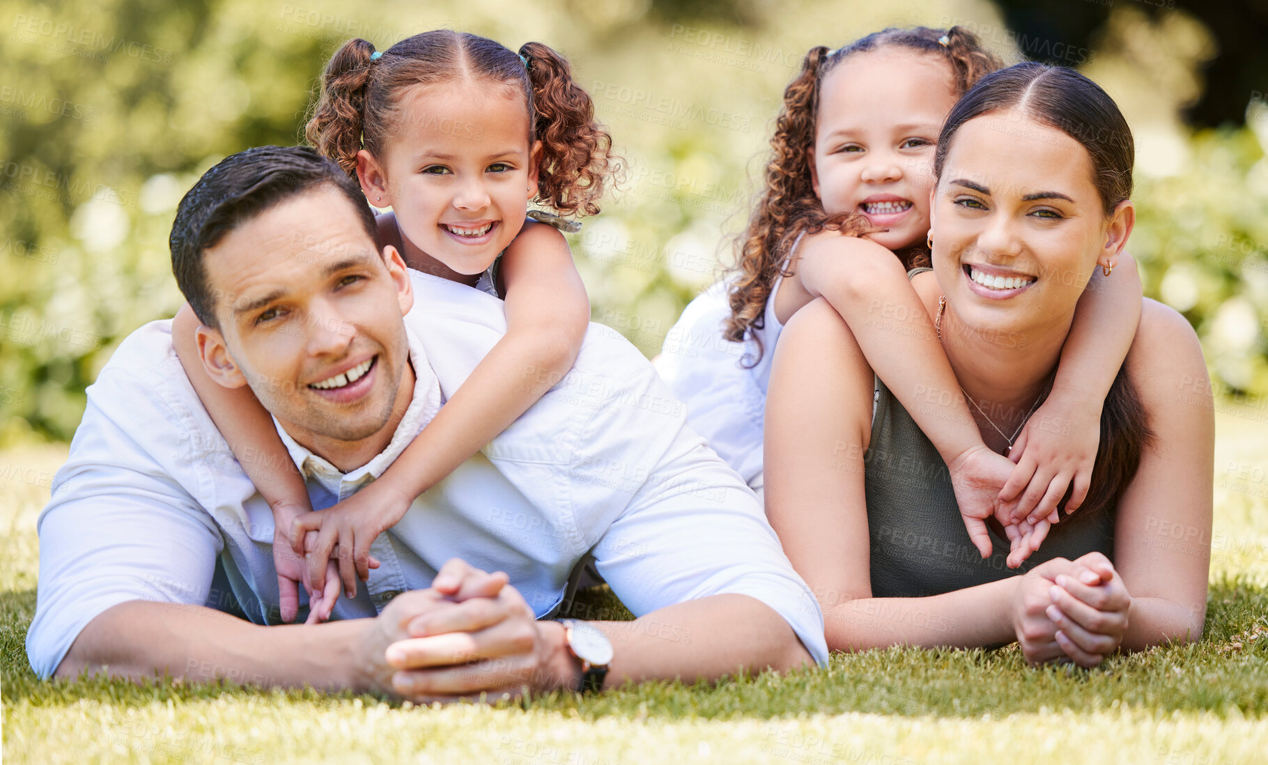 Buy stock photo Parents, portrait and kids with piggyback in park for outdoor adventure, love and holiday together. Family, woman and man with children in nature for summer vacation, break and weekend in Costa Rica