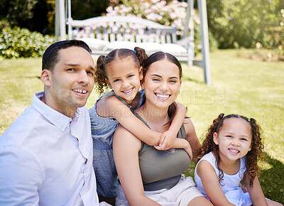 Buy stock photo Family, portrait and kids with smile on grass for summer adventure, support and vacation. Happy, woman and man with daughter in nature park for outdoor trip, holiday and weekend break in Costa Rica