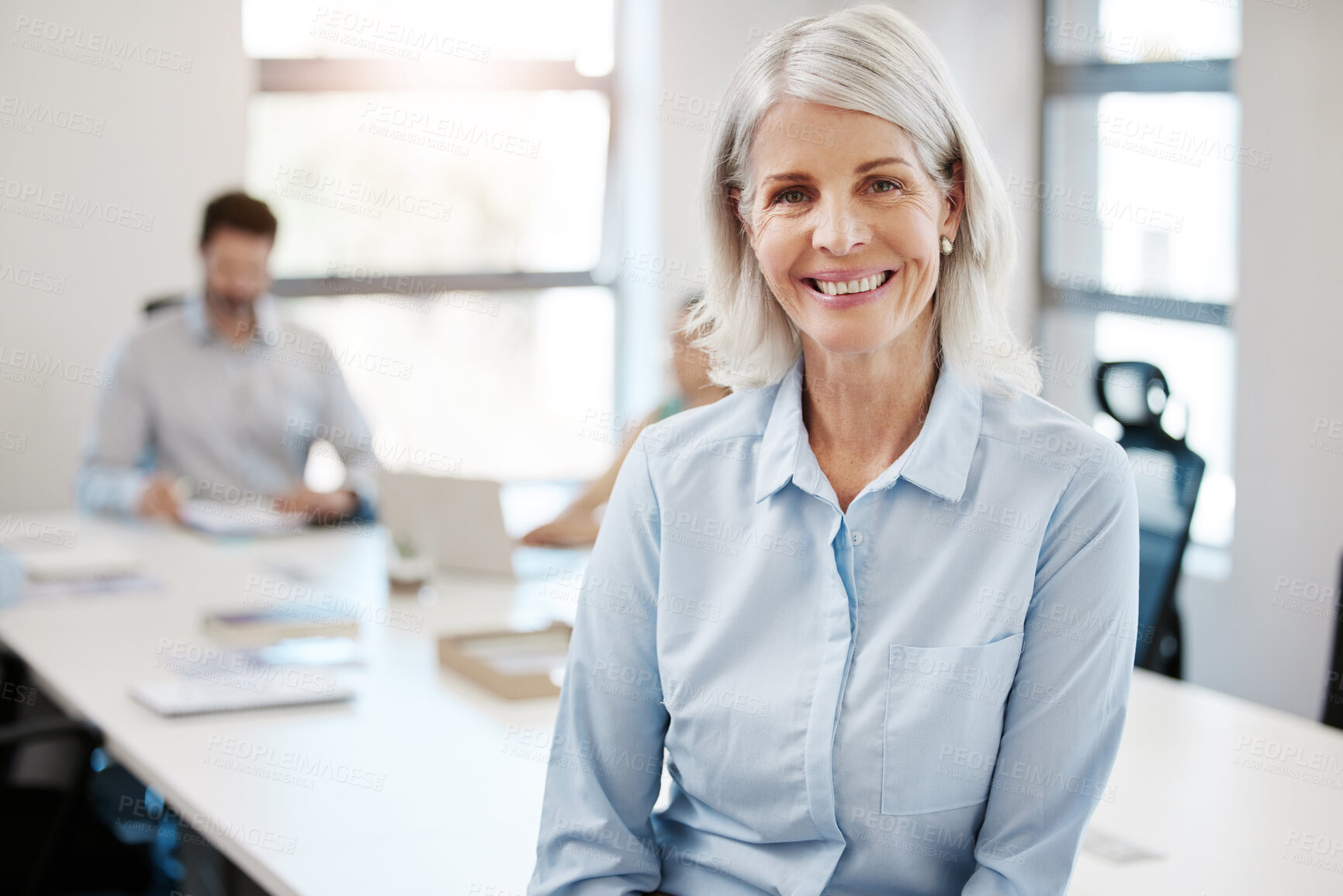 Buy stock photo Portrait, mature woman and happiness in office as ceo or entrepreneur for human resources agency. Female person, pride and confidence as manager, leader and mentor for recruitment or business meeting