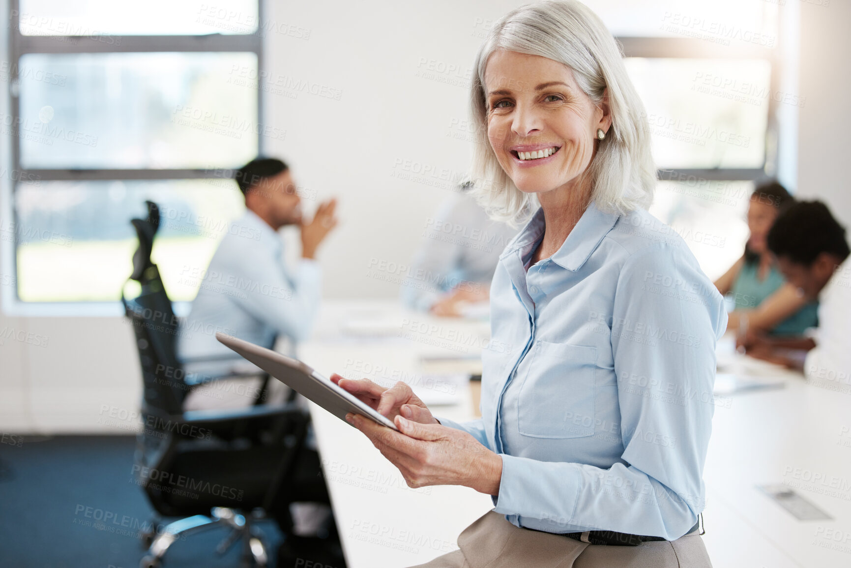 Buy stock photo Portrait, mature woman and tablet in business meeting as ceo or entrepreneur for recruitment agency. Female person, happiness and technology as manager, leader and mentor in human resources or office