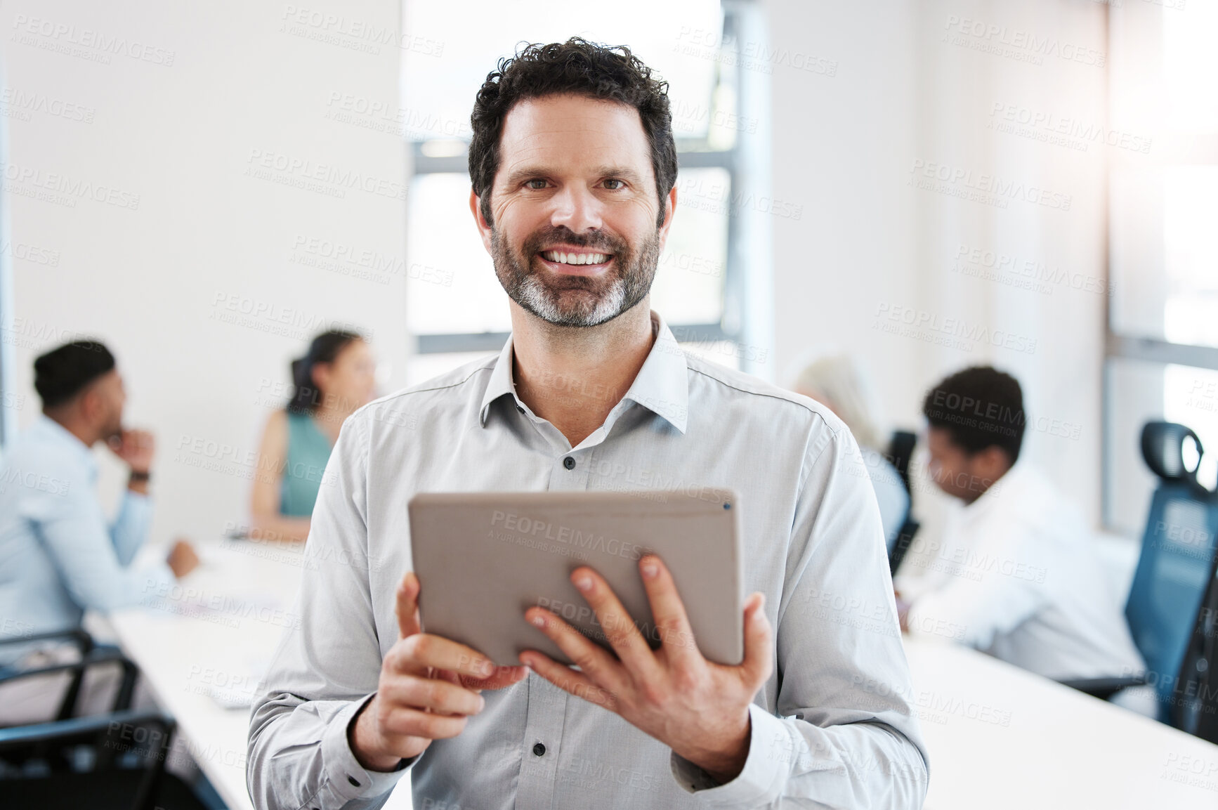Buy stock photo Meeting, portrait and mature man with tablet for schedule, report or research for business plan. Agenda, confidence and businessman in conference room on digital app for project management in office
