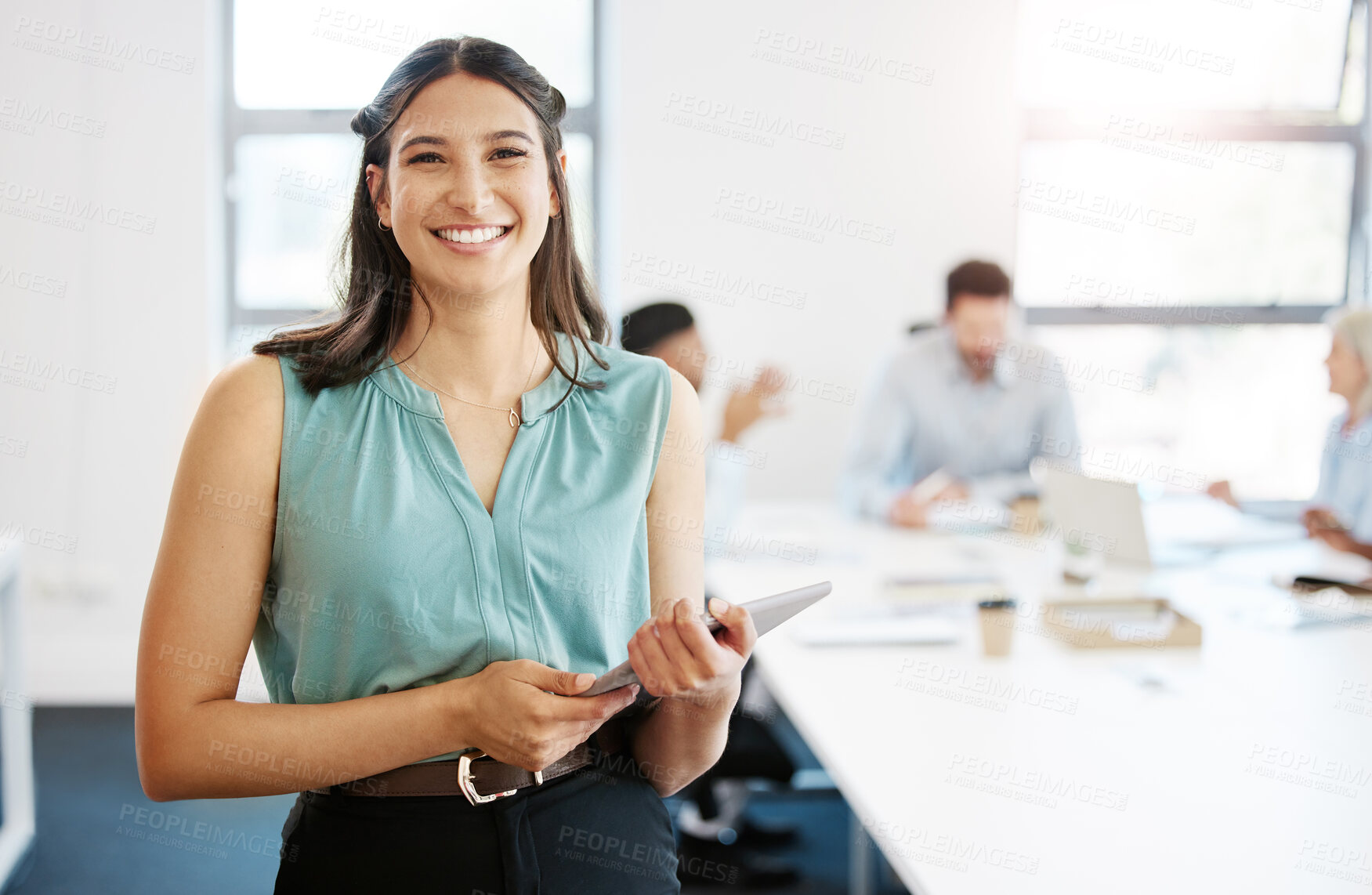 Buy stock photo Confidence, meeting and portrait of woman with tablet for schedule, report or research for business planning. Office agenda, smile and businesswoman in office with digital app for project management
