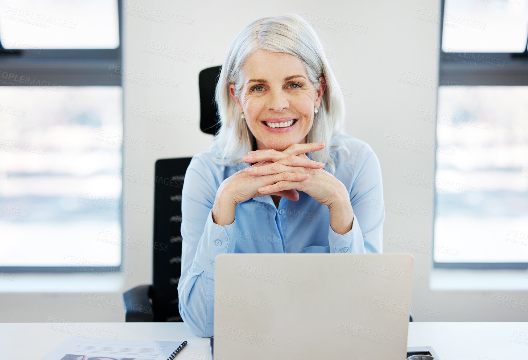 Buy stock photo Mature woman, portrait and laptop in office for business, communication or research with confidence. Employee, face and technology in workplace for career experience, networking client or development