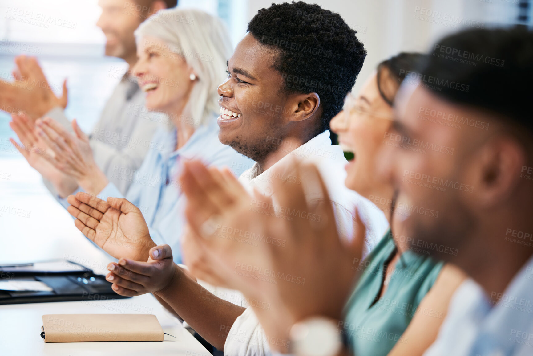 Buy stock photo Business, people and happy with applause at workshop in row for success and well done on presentation. Diversity, employees and smile in boardroom on training with clapping hands for congratulations