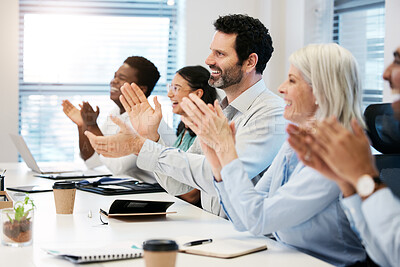 Buy stock photo Business, people and smile with applause at workshop in row for success and well done on presentation. Diversity, employees and happy in boardroom on training with clapping hands for congratulations