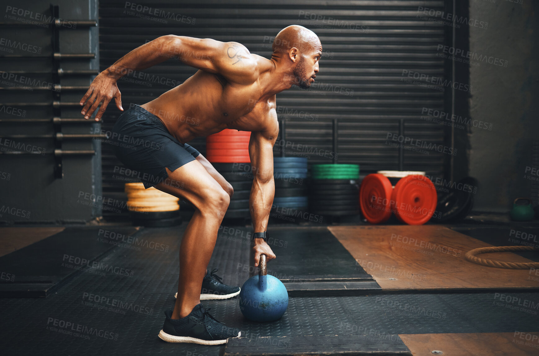 Buy stock photo African man, kettlebell and gym with exercise, fitness and strong muscle with deadlift for weight training, Bodybuilder, wellness and health club with challenge, body and workout with sport equipment