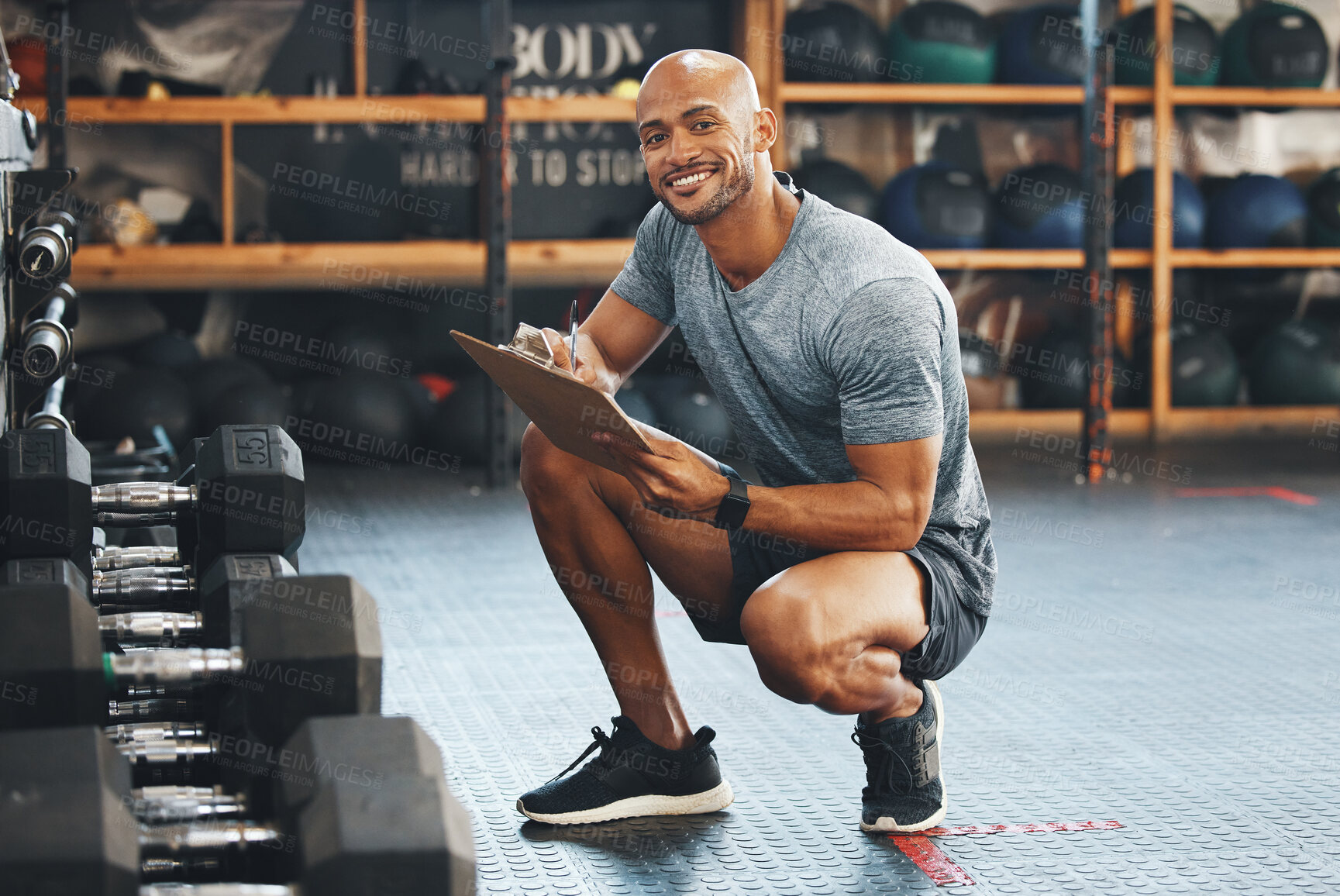 Buy stock photo Portrait, clipboard and checklist with man in gym for fitness instructor, inventory and membership record. Workout schedule, personal trainer and equipment supervisor with person in health facility