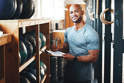 Buy stock photo Portrait, clipboard and planning with man in gym for fitness instructor, inventory and membership record. Workout schedule, personal trainer and equipment supervisor with person in health facility