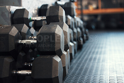Buy stock photo Closeup shot of dumbbells in a gym