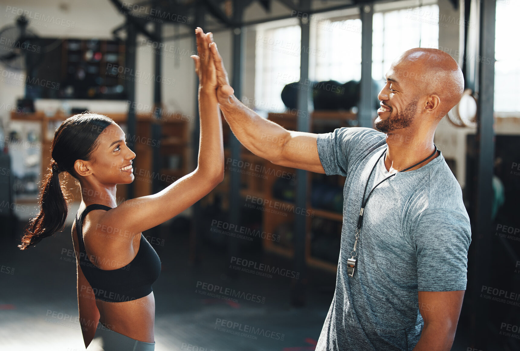 Buy stock photo High five, man and woman with personal training, fitness and exercise with win, support and wellness. Gym, health center and people with hand gesture, workout routine and challenge with success