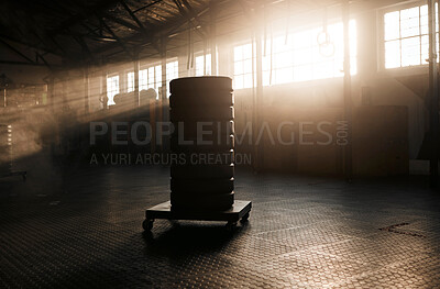 Buy stock photo Shot of a sled push in an empty gym