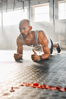 Buy stock photo Man, exercise or plank with floor at gym for core workout, abdominal fitness or strength. Active, muscular or male person with intense training or routine for strong abs or muscle gain at health club