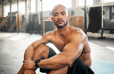 Buy stock photo Man, serious and fitness portrait in gym for exercise break, resting and relax with workout challenge. Bodybuilder, person and strong muscles at sports center from bodybuilding, training and topless